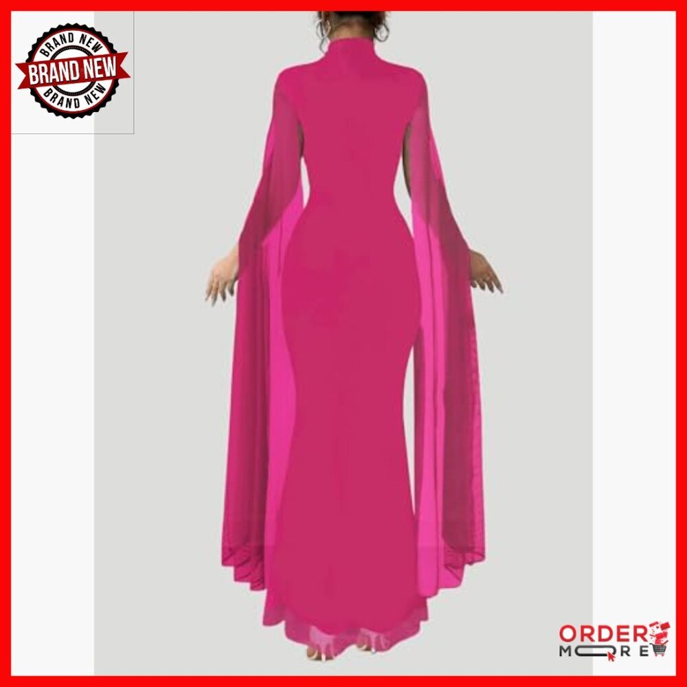 Formal Mock Neck Mesh Flare Sleeve Maxi Dress Bodycon Evening Gown - Picture 2 of 6
